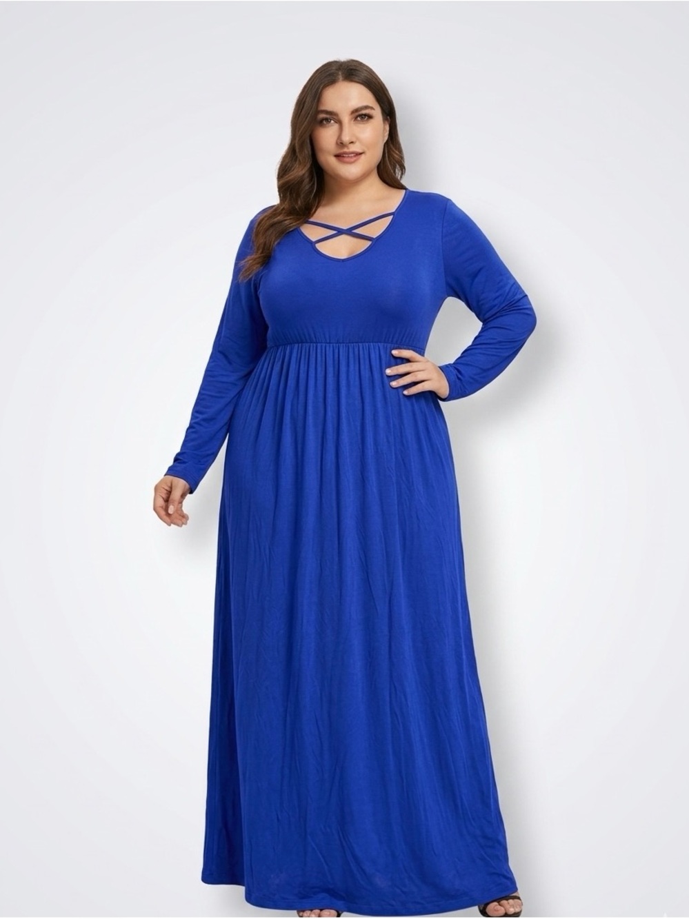 EZBELLE, Royal Blue Long Sleeve Maxi Dress with Crisscross Neckline - 2XL